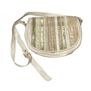 Vintage Leather Patchwork Crossbody Purse Shoulder bag Beige and Gold